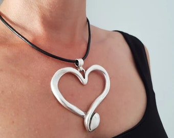 Antique Silver Big Heart Pendant, Large Pendant, Heart Pendant Necklace, Black Leather Necklace, Necklaces for Women, Valentine's Day, P02