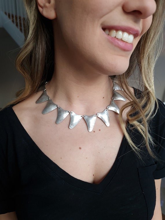 Shark Teeth Necklace, Silver Teeth Necklace, Trian