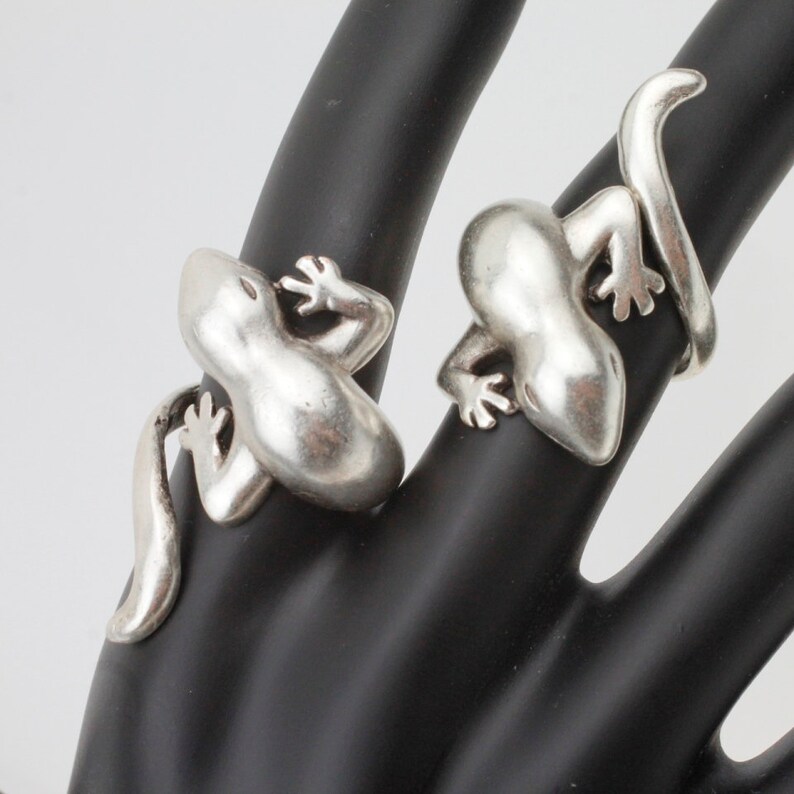 May include: Two silver lizard rings. The rings are designed to look like lizards with their tails wrapped around the finger.