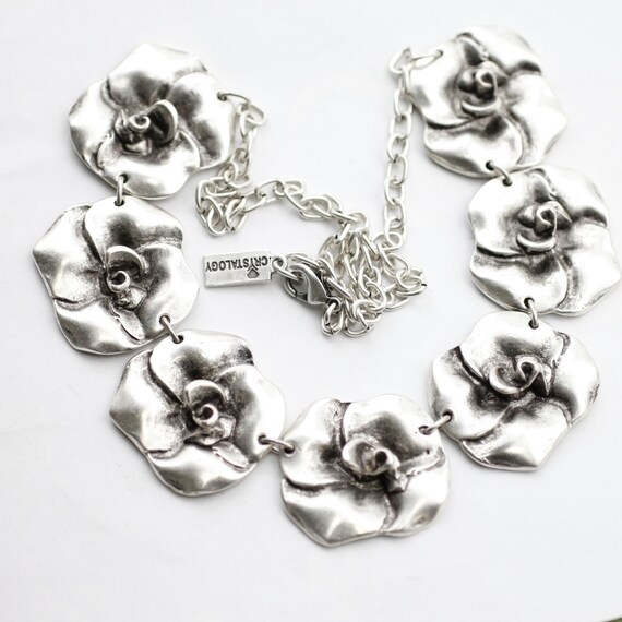Silver Rose Necklace, Floral Necklace, Flower Necklac… Gem