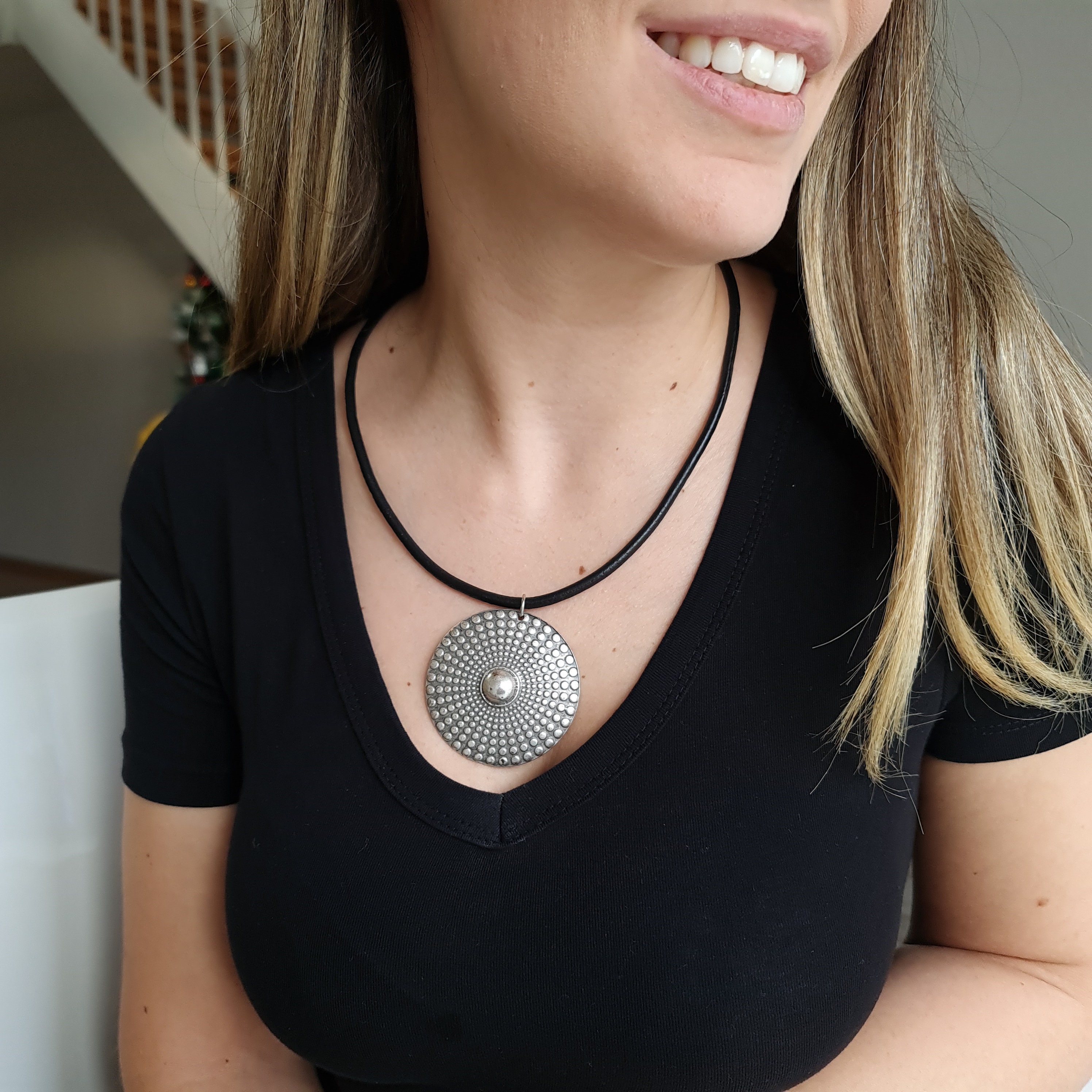 Collana Con Ciondolo A Pois Tondi In Argento – Zirconia Cubica Creata In Laboratorio – Lunghezza 45 Cm – Placcato Rodio