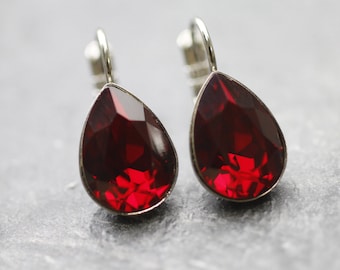 Red Teardrop Post Earrings, Rhinestones Swarovski Earrings, Crystals Siam, Swarovski Crystals, Siam Stone Earrings Drop, Gift for Her  F36-1