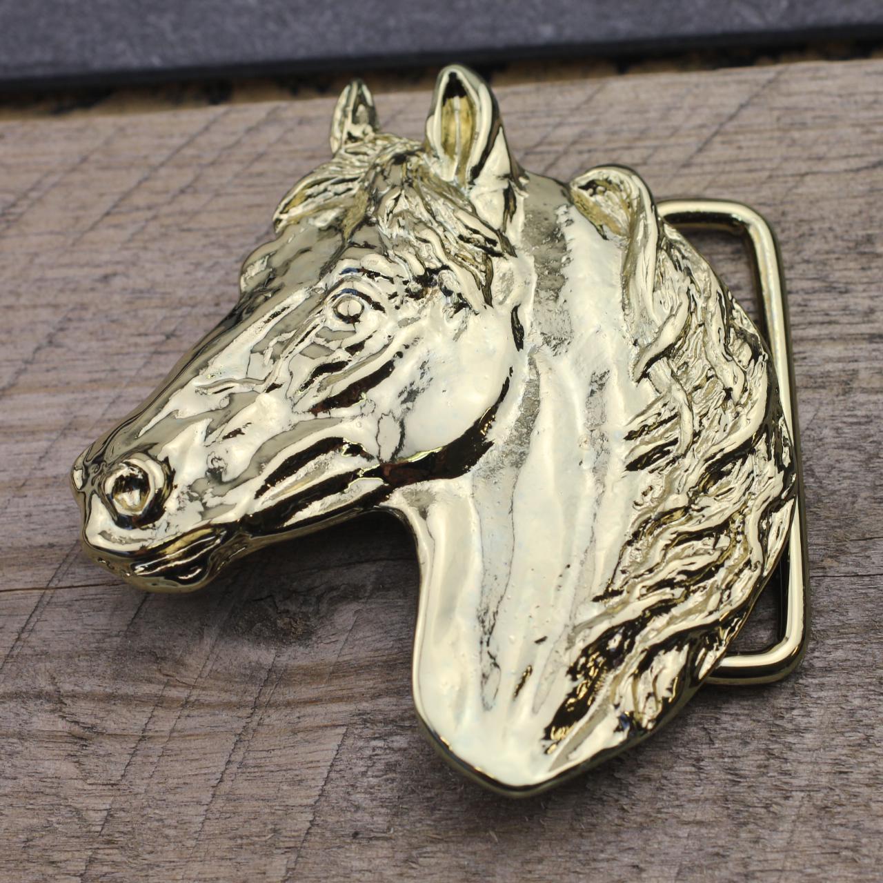 NEW Western Retro Horse Belt Buckle Gold-Tone Alloy Classic Vintage Style T1B5A Western Vintage Belt Buckle Porcelain Horse Heads Goldtone  main image 2