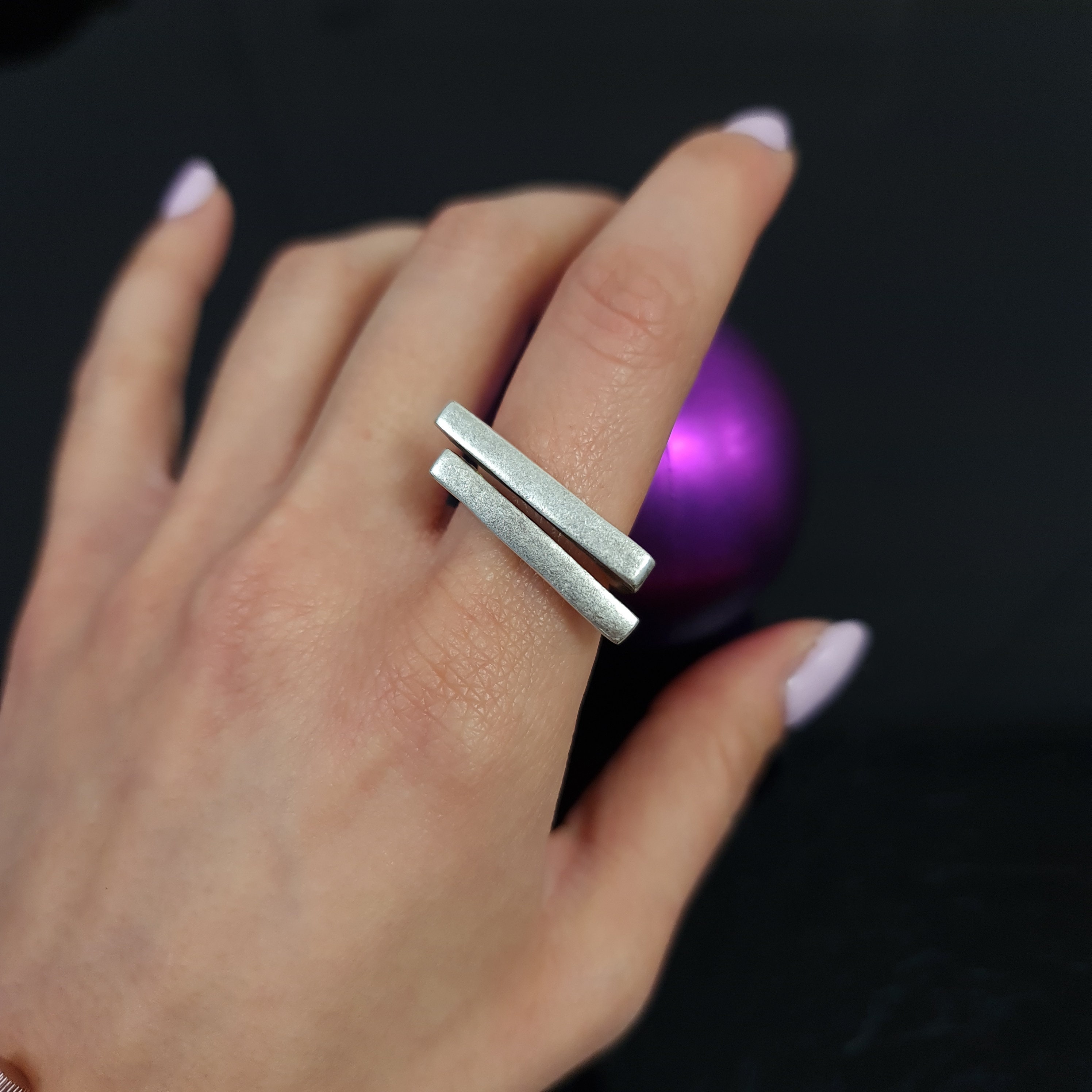 Silver Brutalist Double Lines Ring, Sterling Silver Plated