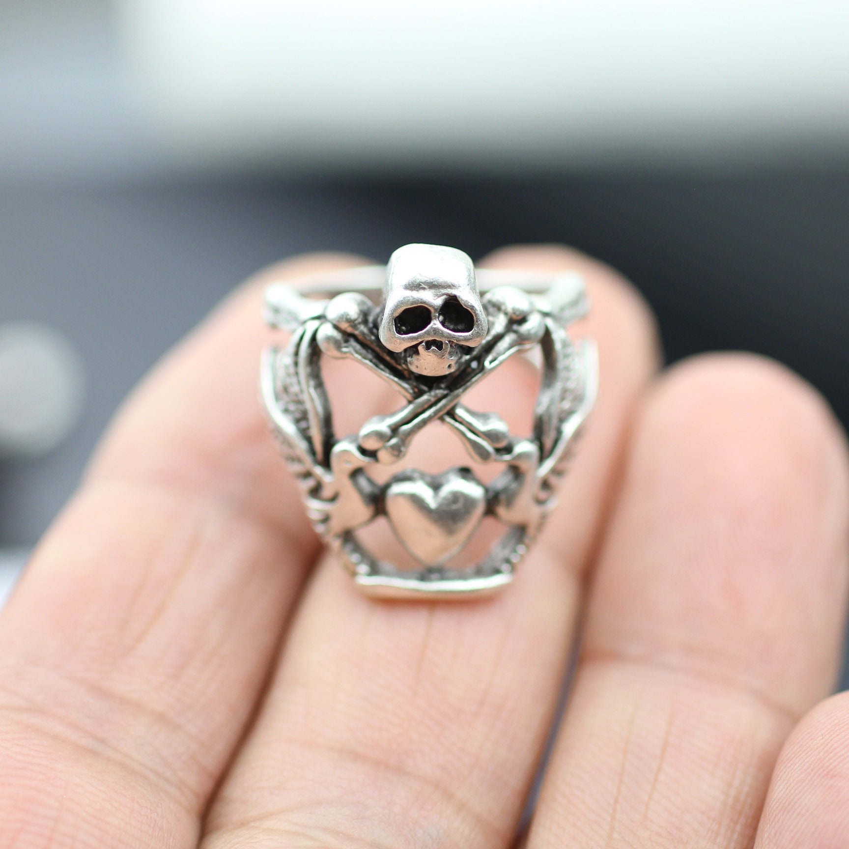 Crossbone Skull and Heart Ring, Silver Skull Ring, Gothic Ring