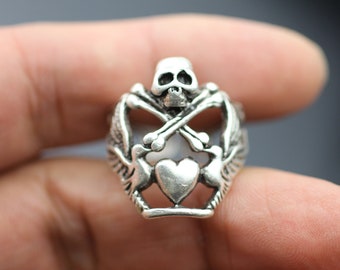 Crossbone Skull and Heart Ring, Silver Skull Ring, Gothic Ring, Rocker Ring, Skull Jewelry, Adjustable Ring, Christmas Gift, R414