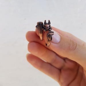 May include: A copper-colored ring featuring a squirrel design. The ring wraps around the finger with the squirrel's head and tail forming the focal points. The ring is a unique piece of jewelry.