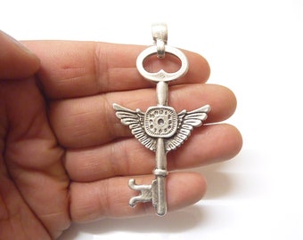 Silver Key Pendant, Key With Wings Pendant, Key Shape Pendant, Silver Charms Pendant, Clock Pendant Charm, Metal Pendant, Key Jewelry, P62
