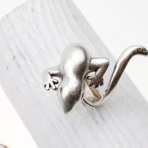 May include: A silver ring shaped like a lizard with a curled tail.