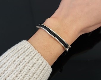 Leather Bracelet Black Braided, Silver Hook Clasp Charm, Double Leather Loops, Women’s Leather Bracelet, Mens Bracelet Leather,B308