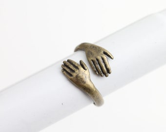 Anillo de bronce antiguo, anillo de mano de bronce, joyería de declaración, anillo de abrazo, anillo apilable, anillo de pareja, anillo de diseño lindo, regalo romántico R391 AB