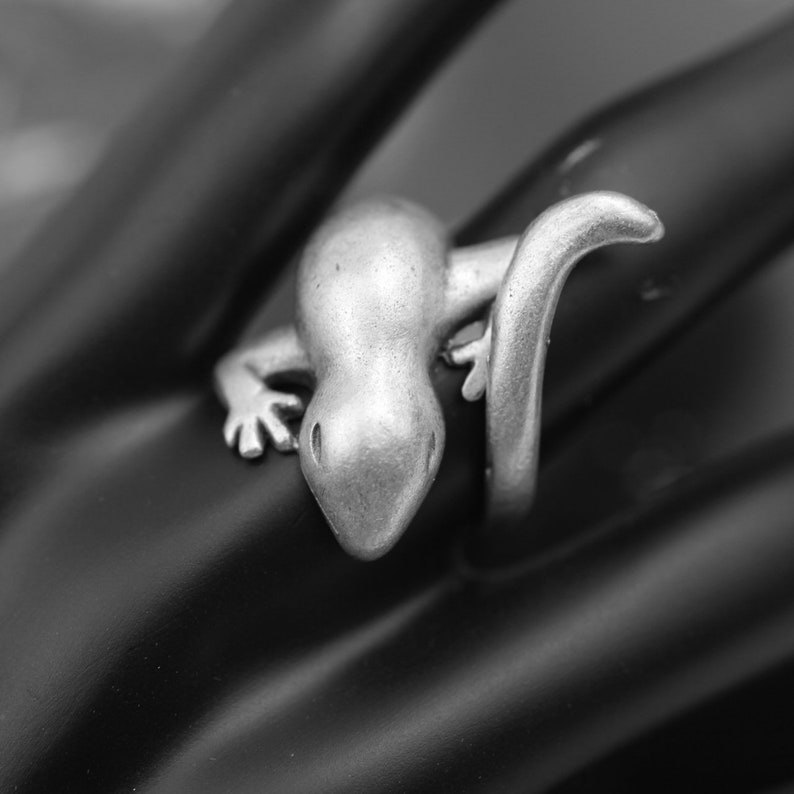 May include: A silver lizard ring with a curled tail. The ring is on a black surface.