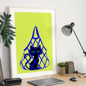 Black Cat in Bag Poster - Minimalistic Cat Lover Wall Art - Instant Download