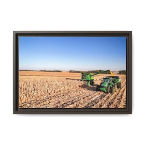 John Deere Tractor Wall Art framed canvas print Farmhouse Cornfield Harvest mancave art for Dad combine picture wall art for shop or office