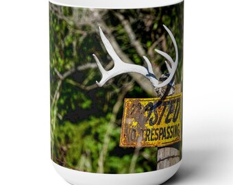 Deer Antler Coffee Mug No Trespassing Sign Gift for Hunter Deer Skull