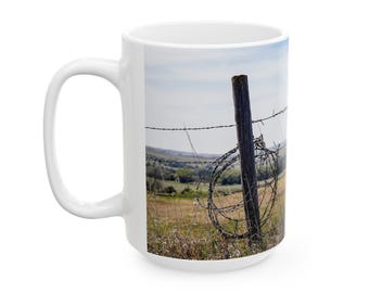 Rustic Barbed Wire Coffee Mug: Farmhouse Kitchen Decor, Nebraska Landscape