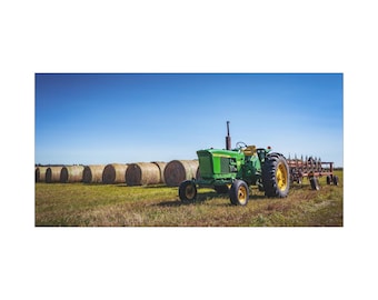 John Deere Wall Art Canvas Print Vintage Tractor with Hay Bales