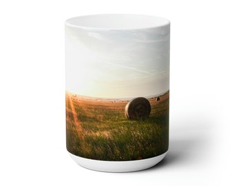 Farmhouse Sunset Coffee Mug: Nebraska Hay Bale Photo, 15oz