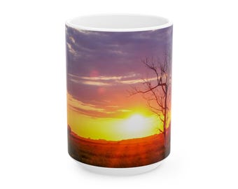 Nebraska Sunset Coffee Mug: Farmhouse Tree Art, 15oz