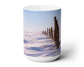 Winter Farm Fence Coffee Mug: Nebraska Rural Landscape, 15oz