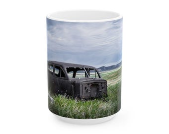 Old Car Coffee Mug gift for Dad hotrod coffee cup picture of car in field rustic decor mug for mechanic fun car guy coffee cup for garage