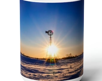 Winter Sunset Windmill Coffee Mug - Nebraska Rural Scene
