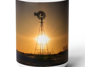 Windmill Sunset Coffee Mug: Nebraska Farmhouse Picture, 15oz Ceramic