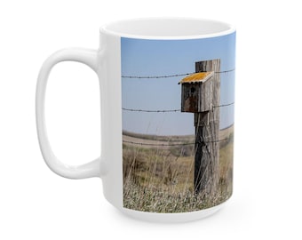Rustic Birdhouse Coffee Mug: Farmhouse Kitchen Decor, 15oz Ceramic