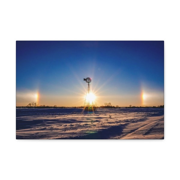 Beautiful picture of sun dogs in winter sunset Canvas Print colorful windmill picture of winter landscape old windmills at farm in snow