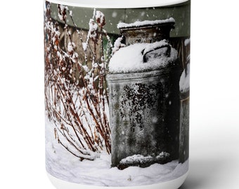 Antique Cream Can Coffee Mug: Nebraska Winter Scene, 15oz
