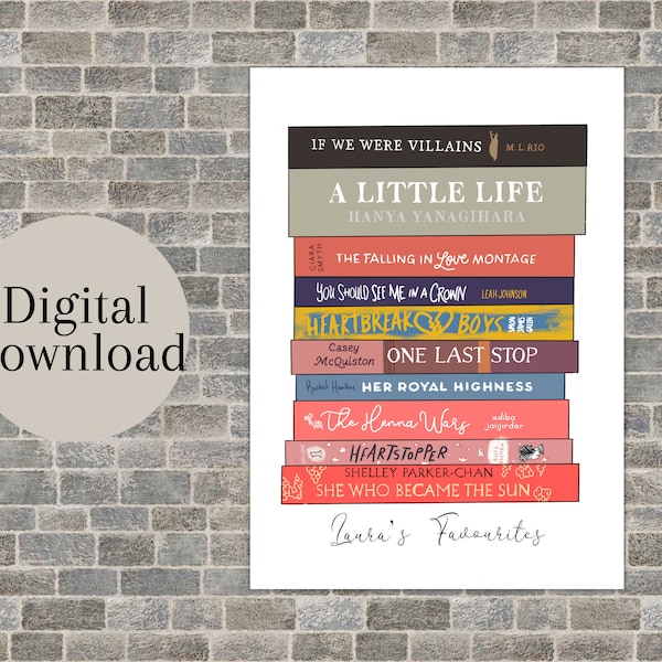 Book Spine Illustration - Customised Book Stack Digital Print, Book Wall Art Print, Personalised Bookshelf Art, Book Tower Drawing