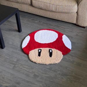 Red Power-Up Mushroom Rug | Handmade Tufted Rug | Retro Gamer Room Decor | Made to Order