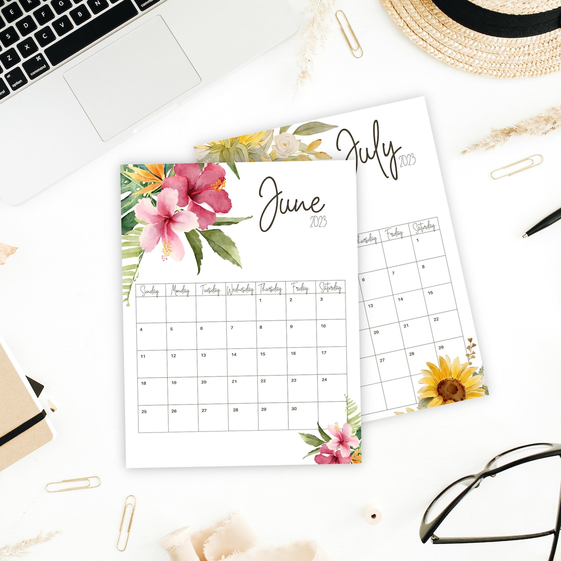 2023 Printable Calendar Watercolor Flowers Etsy