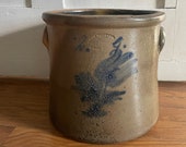 Antique 2 Gallon Crock with Handles Cobalt Blue Tulip Salt Glazed Stoneware Primitive Kitchen Utensil Holder Planter Union Pottery Stamped