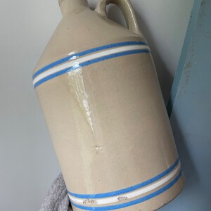 Antique Stoneware Whisky Jug Crock with Handle Blue and White Stripe Cream Neutral Salt Glazed Primitive Kitchen Farmhouse Early 1900's