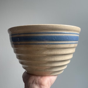 Antique | Vintage Blue Grain Sack Stripe | Yellowware | Beehive Shape Smaller to Medium Size Nesting Mixing Bowl | Likely Hull | 1930s