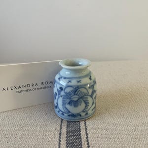 Small Antique Ink Pot | Brush Bottle | Circa 19th Century | Chips to Rim | About 2.25” tall 1.75” wide | Blue and White Porcelain