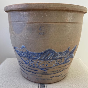 Antique 2 Gallon Crock with Added Vintage Painting | Crack | Blue Paint | Salt Glazed | Stoneware | Primitive | Unique | #2 Crock