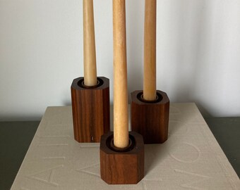 Vintage Midcentury Black Walnut trio candleholders, handmade octagon candleholders, Scandinavian, Japandi, Modscan, tier candleholder