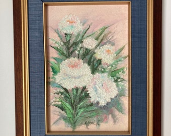 Vintage Midcentury Floral Oil Painting: Signed Flower Still Life, Framed MCM Art