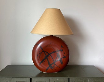 Vintage 1990s Post Modern Round Abstract Ceramic Table Lamp and Shade