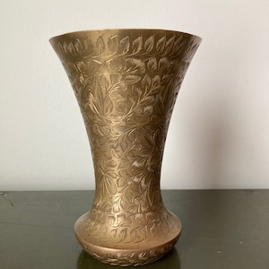 Vintage Etched Brass Vase: Mid-Century Floral Vessel, Made in India