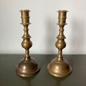 Pair of Vintage Brass Candleholders with Decorative Formed Columns and Patinaed Brass