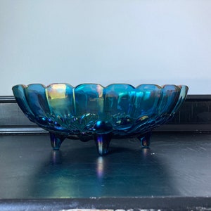 Vintage Indiana Blue Green Iridescent Carnival Glass Serving Dish, Fruit Bowl, Art Deco Glass, Harvest Range Oval Center Bowl