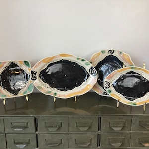 Vintage Set of Four Platters Postmodern Pottery, Artist Signed by Marshall, Artisanal Serving Platters
