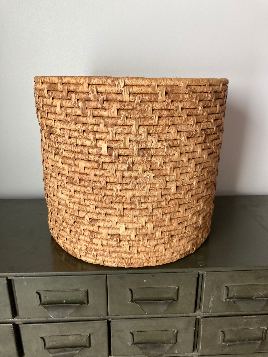 Image showcasing Vintage Midcentury Modern Handwoven Round Basket, MCM Plant Container ...