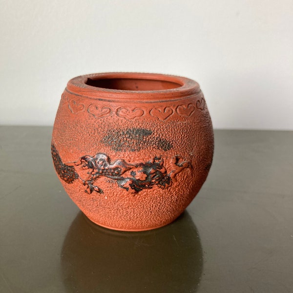 Vintage Miniature Embossed Dragon Terracotta Red Clay Vase