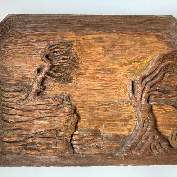 Vintage Midcentury Modern Artist Signed Wood Relief Hand Carved Sculptural Wall Art, Desert Themed Wood Relief