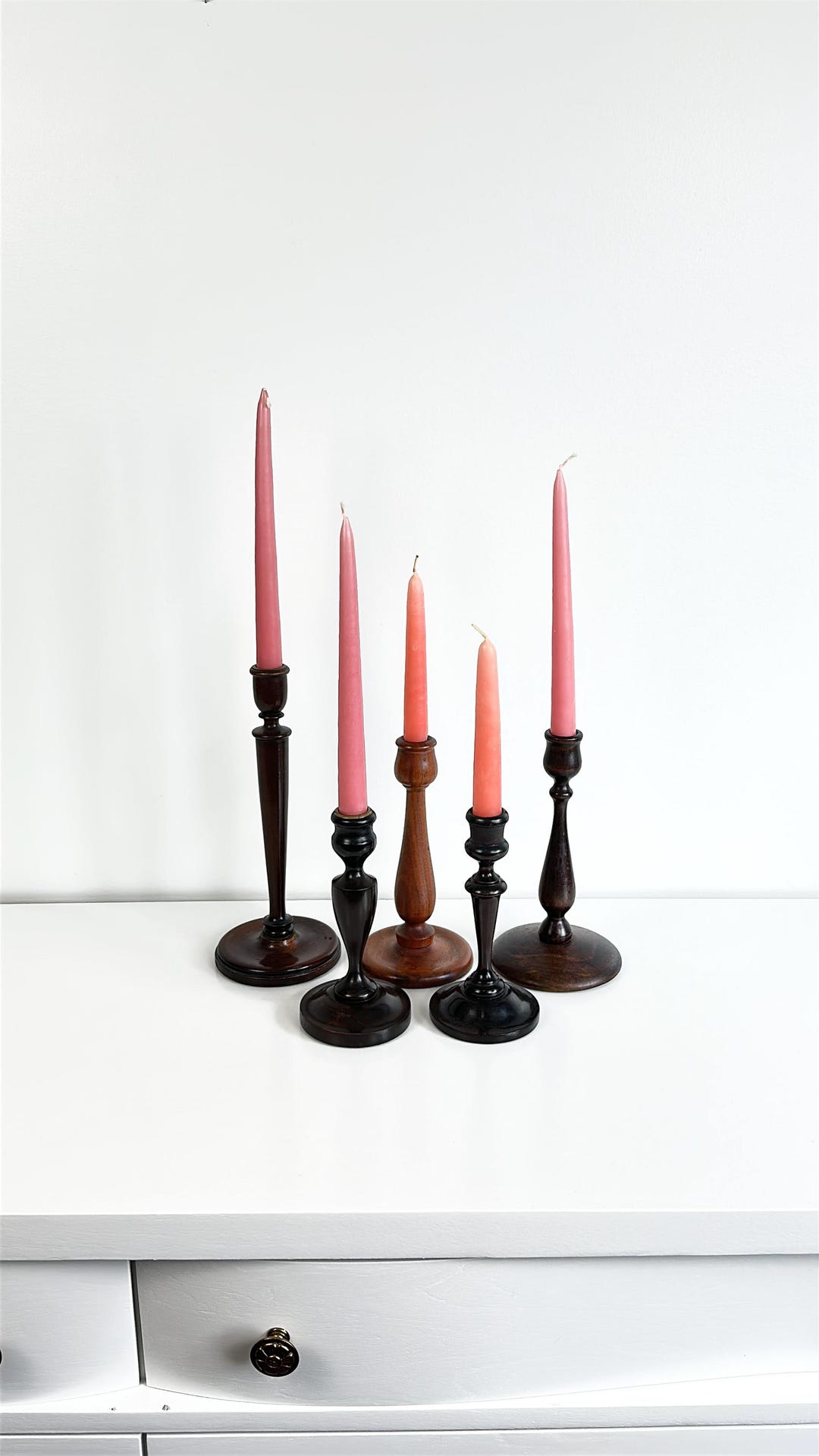 Curated Vintage Candlestick Collection- 5 Turned Wood Taper Holders ...