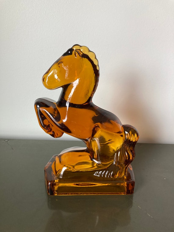 【Special Archives】 1954s SMITH antique Vintage 1940s L.E. Smith Amber Glass Horse Statue Bookend